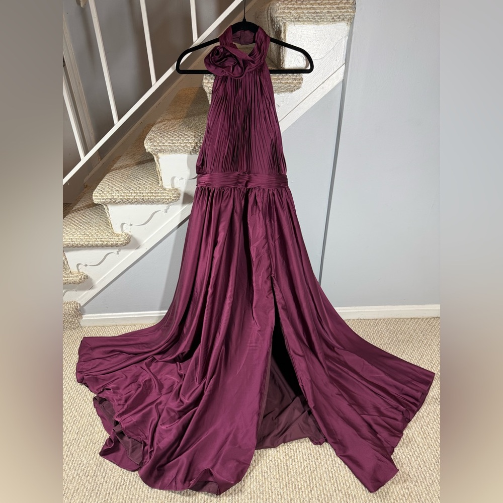 NWT Ieena for Mac Duggal Purple Soft Tie Halter Neck High Slit Evening Gown - Picture 5 of 16